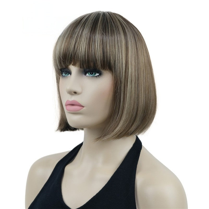 Natural Short Mix Blonde Brown Straight wigs for Women's Full Synthetic Hair