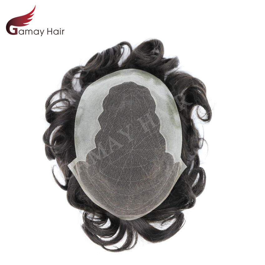 Mens Toupee French Lace Human Hair Front Bleached Knots Wig Hairpiece for Men