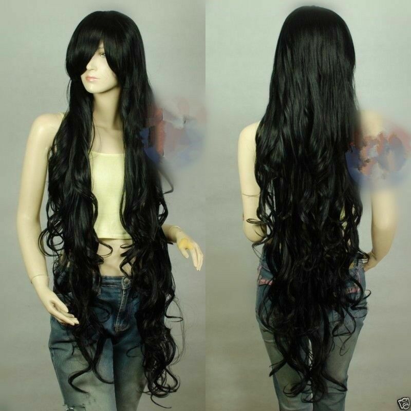 100cm New Black Sexy Extra Long Wavy Cosplay Wig free shipping+Wig Cap
