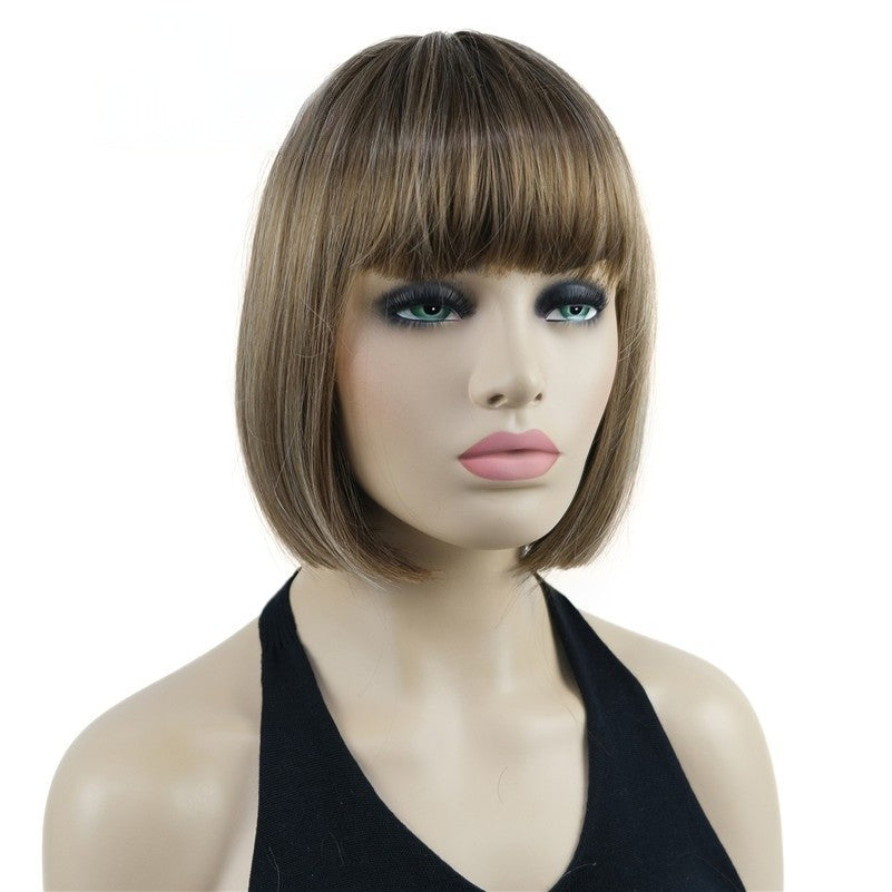 Natural Short Mix Blonde Brown Straight wigs for Women's Full Synthetic Hair