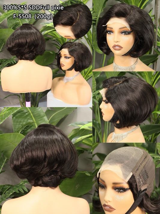 Pixie Wig 300% Density 5x5 SDD Lace Front Black Straight Free-Part 200g F-5508