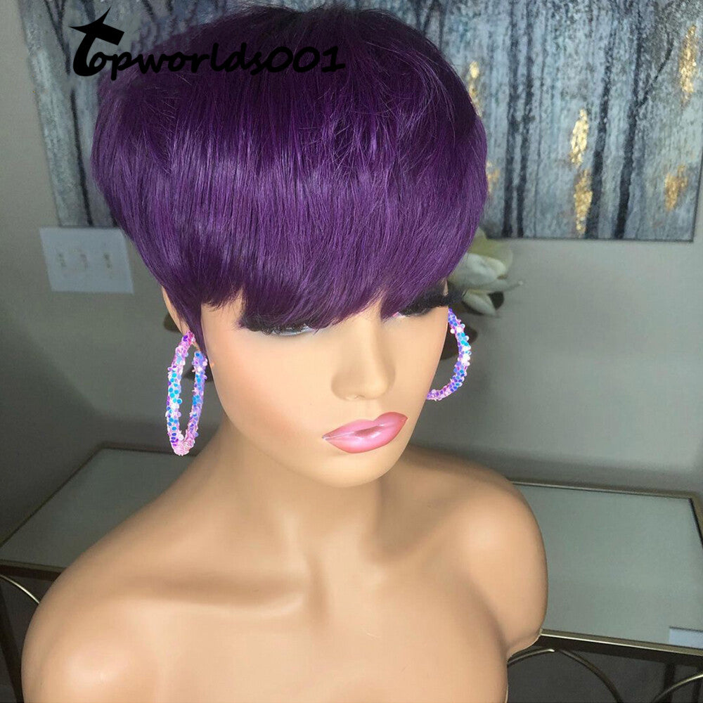 Dark Purple Brazilian Human Hair Wigs Sexy Pixie Cut Wigs for Women Party Daily