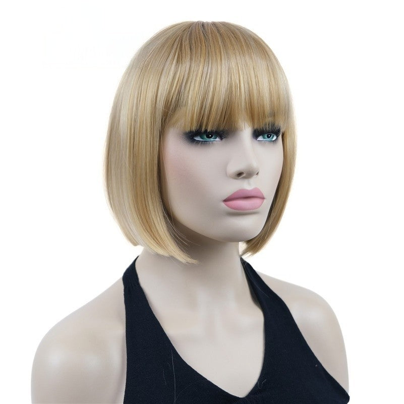 Natural Short Mix Blonde Brown Straight wigs for Women's Full Synthetic Hair