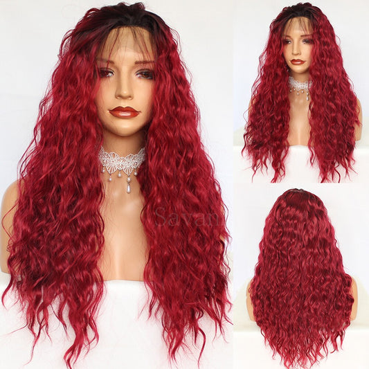Loose Curly Ombre Red Long Lace Front Wigs 180% Density Synthetic