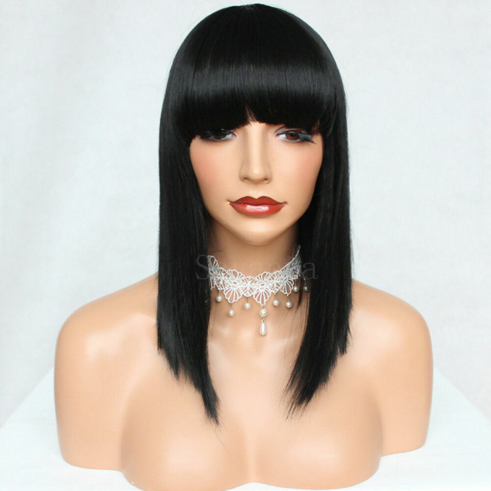 Women Full Bangs Synthetic None Lace Wigs Short Bob Straight Natural Black Hair