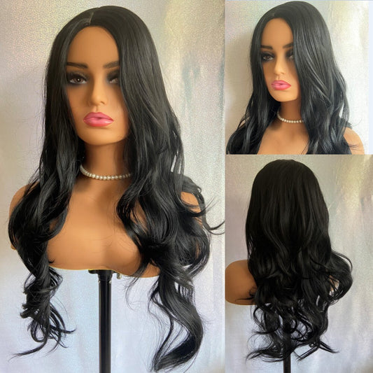 Long Natural Wavy Middle Part Black Human Hair Blend Heat Ok Wig WomenSoft Hair