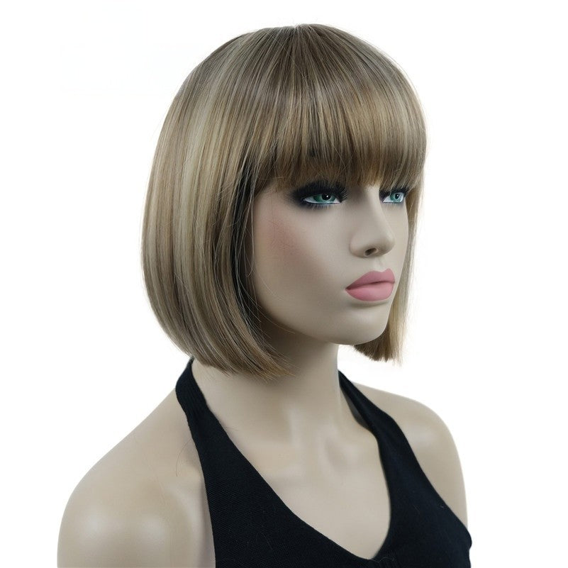 Natural Short Mix Blonde Brown Straight wigs for Women's Full Synthetic Hair