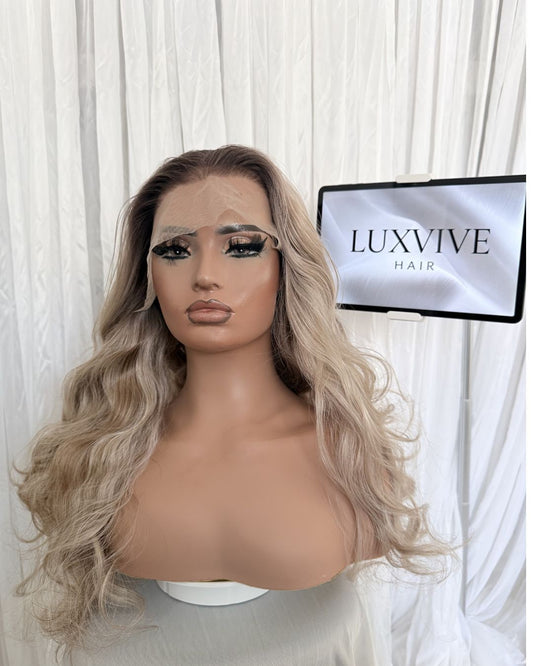 Kimberly body wave blonde dark roots t-part lace wig
