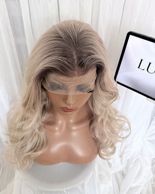 Kimberly body wave blonde dark roots t-part lace wig