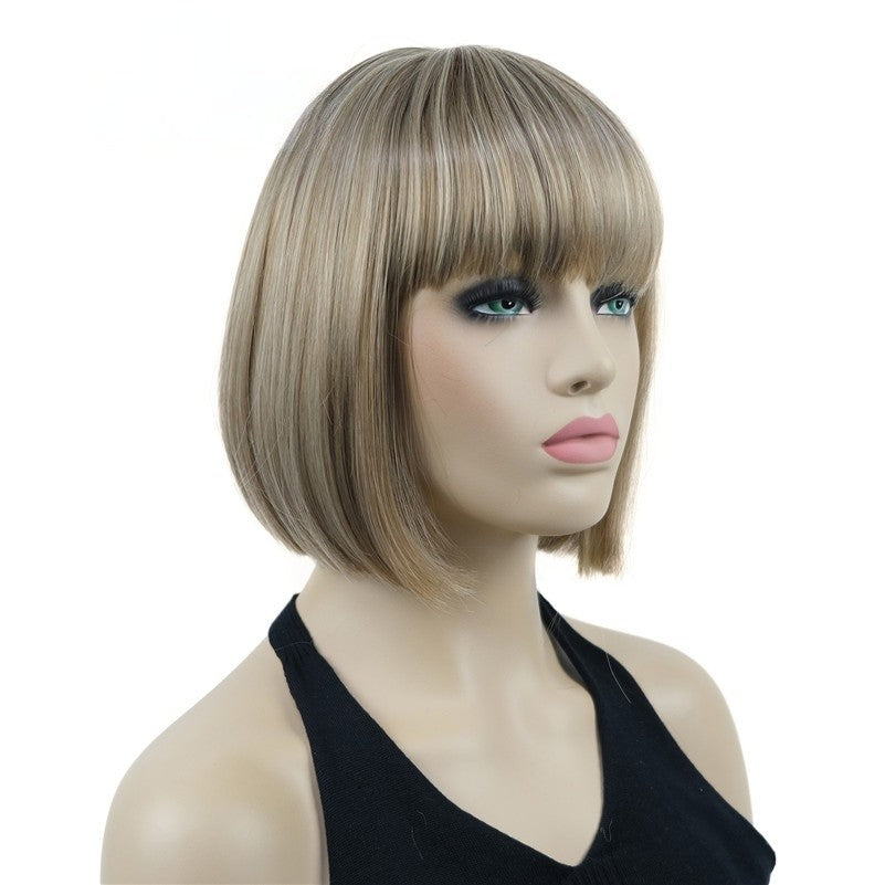 Natural Short Mix Blonde Brown Straight wigs for Women's Full Synthetic Hair