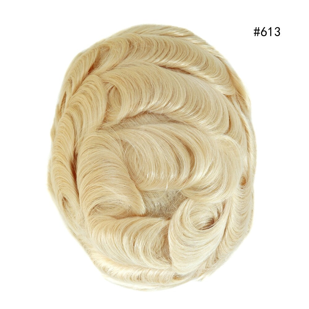 Mens Thin Skin Toupee Hair Replacement System Hairpiece BIO Human Hair Wigs