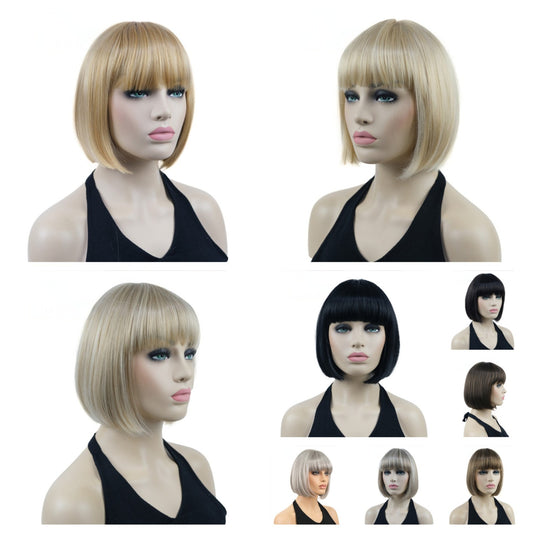 Natural Short Mix Blonde Brown Straight wigs for Women's Full Synthetic Hair