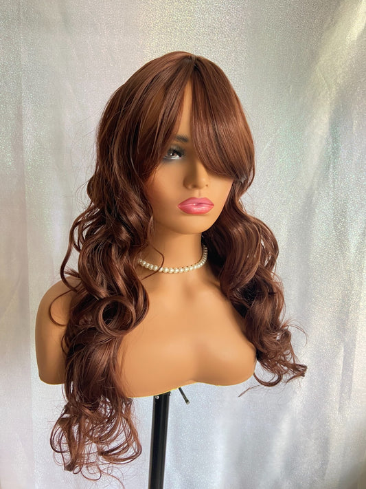 Human hair blend full Wig Heat OK Wavy Long Auburn Bang Layered Women Natural