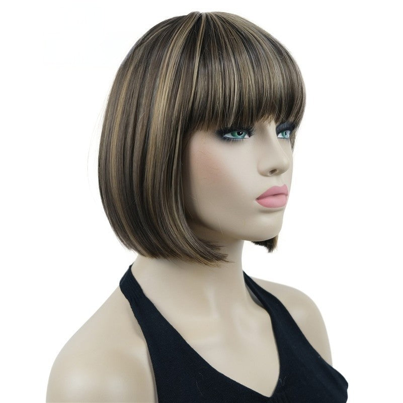 Natural Short Mix Blonde Brown Straight wigs for Women's Full Synthetic Hair