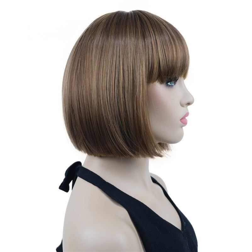Natural Short Mix Blonde Brown Straight wigs for Women's Full Synthetic Hair