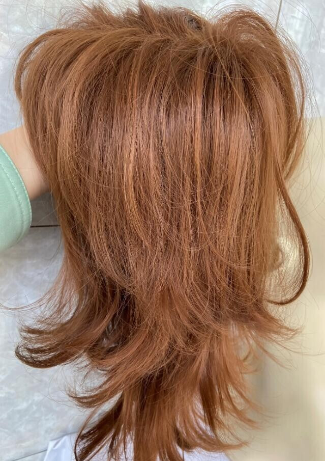Mid Length Shag Capless Wavy Layered Synthetic Hair Wigs Women Natural Auburn