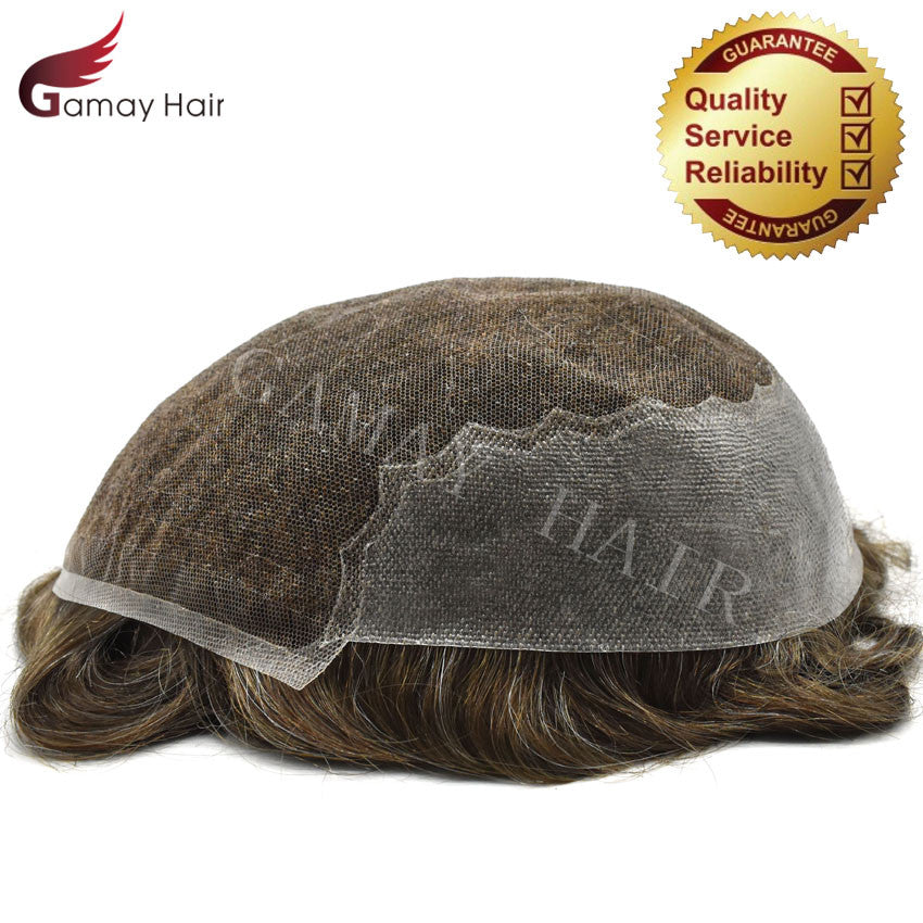 Mens Toupee French Lace Human Hair Front Bleached Knots Wig Hairpiece for Men