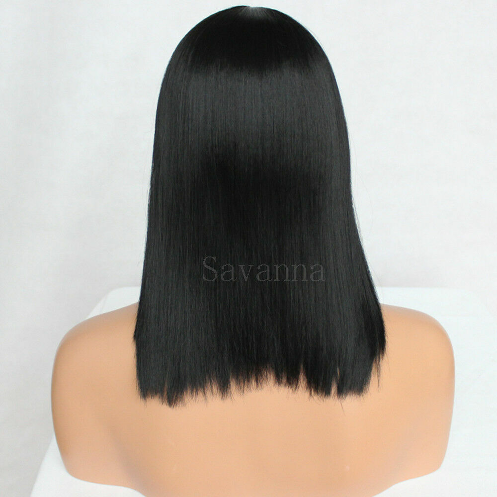 Women Full Bangs Synthetic None Lace Wigs Short Bob Straight Natural Black Hair